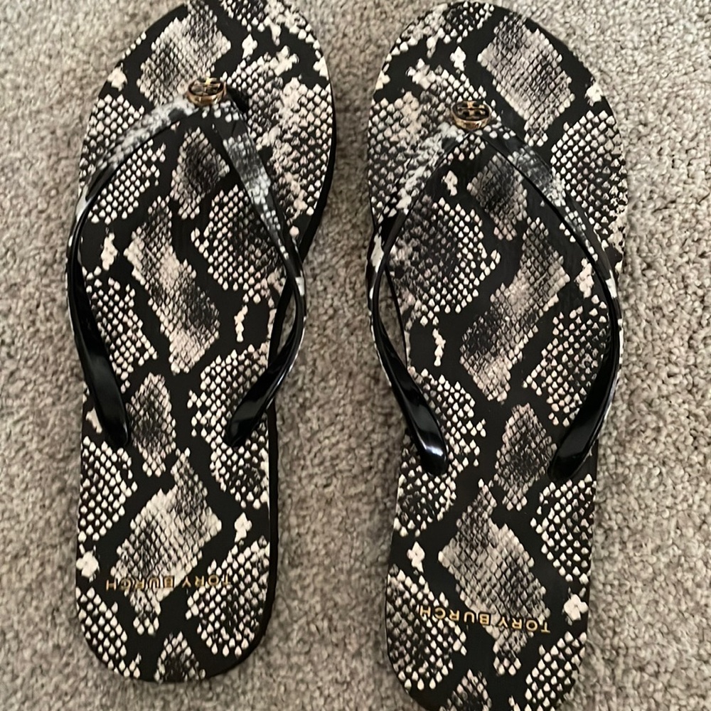 Tory Burch Black and Cream Snake Print Flip Flops